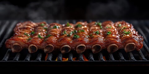 Deliciously grilled ribs with a smoky flavor during a summer evening barbecue