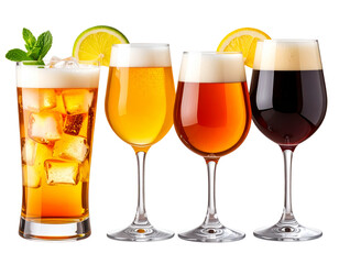 Four glasses of different alcoholic drinks, including a cocktail, beer, wine, and whi 