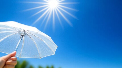 transparent summer umbrella casting sharp shadow under bright sun, minimalist and stylish composition, high-key lighting, vertical with ample space for text or branding, concept of sun protection