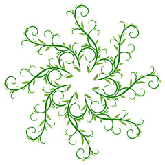 Complex green plant mandala. Intricate curved branches and leaves. . Spring floral round ornament. Luxury fractal design element. Plant vector illustration in shades of green