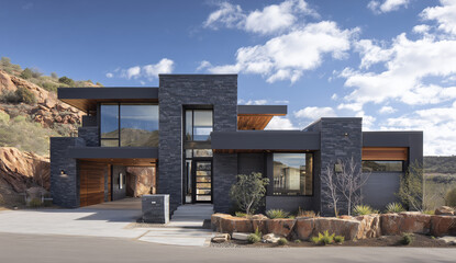 This Modern Luxury House with Dark Stone Facade and Panoramic Windows in Desert Landscape