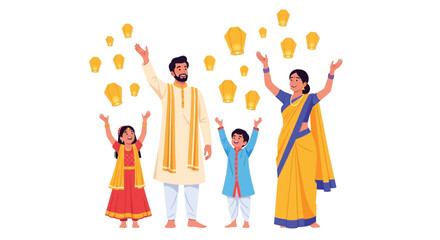 Indian family celebrating diwali festival with sky lanterns vector illustration set