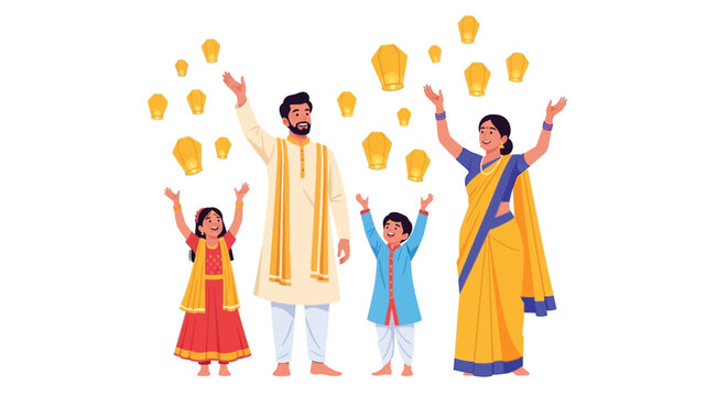 Indian family celebrating diwali festival with sky lanterns vector illustration set