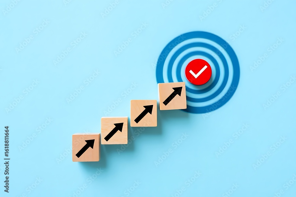 Poster ascending wooden blocks with upward arrows leading to a bullseye target with a red checkmark symboli