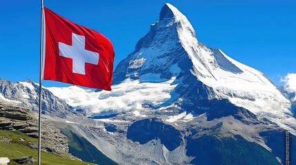 Swiss flag flying before snow-capped Eiger mountain in Swiss Alps on bright summer day.