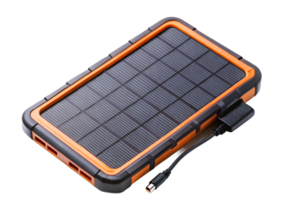 Portable solar power bank with orange trim, isolated on transparent background