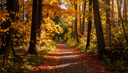 Obraz premium Golden Autumn Forest Path with Warm Sunlight