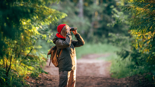 A middle-aged girl in a red hat and a green jacket stands in the forest on a sunny day and looks through binoculars into the distance,banner