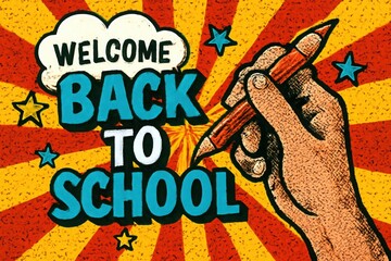 Cheerful Welcome Back to School message with stars and a hand holding a pen over a bright radial