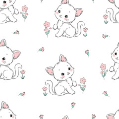 Seamless Vector Pattern with Playful Kittens and Flowers