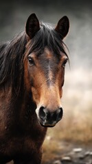 Obraz premium Majestic brown horse standing calmly in a serene outdoor setting surrounded by soft natural lighting