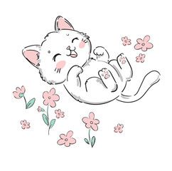 Cute Hand Drawn Kitten with Flowers Vector Illustration Cat