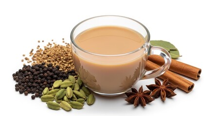 Glass mug of chai tea with spices isolated on white background