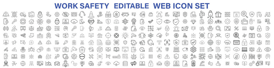 Work Safety editable stroke outline web icons set. Safety first, hazard, protection, health, insurance, regulations, helmet and work. Vector illustration