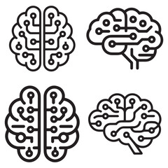 AI Brain Circuit Icons &ndash; Artificial Intelligence Line Art Set