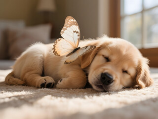 Golden retriever puppy curled up on a beige rug with a delicate butterfly resting on its ear, softly lit by morning sun