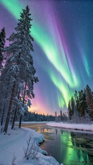 Winter aurora borealis landscape photography of northern lights over snow covered trees and river scene hd wallpaper, wallpaper 4k