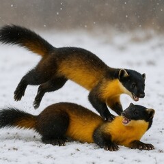 Yellow ermines in winter jump



