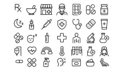 Black icon vector pack of pharmacy, medicine, pills, drugs, medication, healthcare, pharmacy store, pharmacist, medical, healthcare, first aid, prescription, bottle, capsule, tablet, syringe