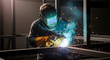 A masked welder focuses on joining metal beams, sparks flying in industrial setting environment.