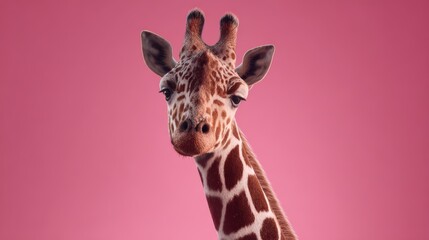 Obraz premium Close-up portrait of a giraffe against a pink background.