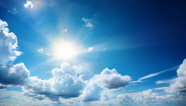 stunning summer sky background bright sun fluffy clouds and lens flare