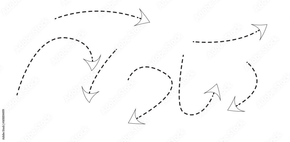Poster dotted arrow collection, hand drawn curved dashed arrow set in various directions isolated on clean 