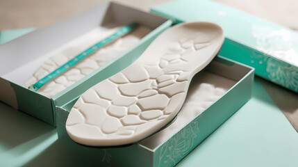 A shoe insole is displayed with its packaging in a clean and modern setting.