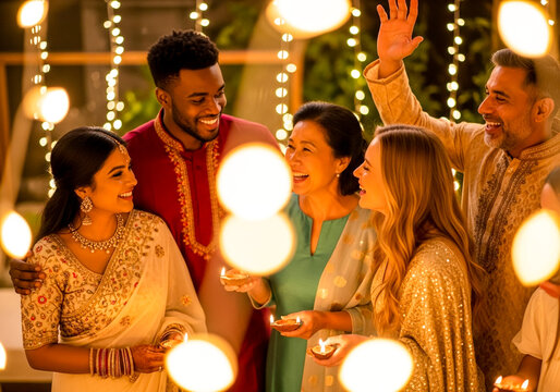 Multi-ethnic family celebrating the festival of lights with joy