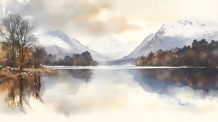 Peaceful Mountain Lake Watercolor Landscape