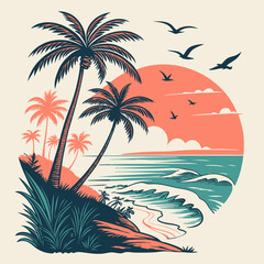 Tropical sunset vector set with palm trees, ocean waves, and birds in a retro color palette. Perfect for t-shirt designs, surf brands, travel posters, and summer-themed graphics