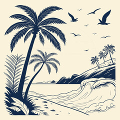 Tropical sunset vector set with palm trees, ocean waves, and birds in a retro color palette. Perfect for t-shirt designs, surf brands, travel posters, and summer-themed graphics