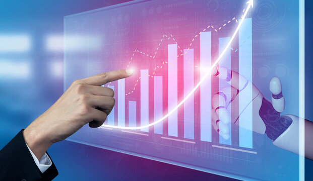 A businessman interacts with a digital financial graph alongside a robotic hand, showcasing the integration of technology in modern business strategies. Impute - Powered by Adobe