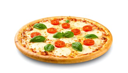 Delicious pizza with mozzarella, tomatoes, and basil