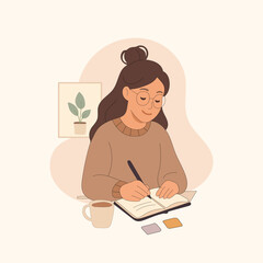 Minimalist flat vector style a woman writing notes typing and working on office laptop illustration