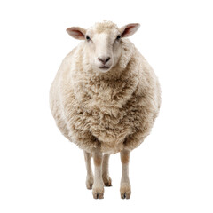 Fototapeta premium Isolated portrait of a fluffy sheep showcasing its unique characteristics and charm against a pure white backdrop