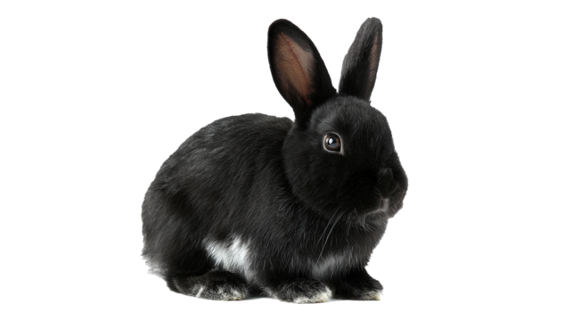 Delightful black and white rabbit sits gracefully in a studio setting surrounded by pure white, showcasing its charming features and soft fur