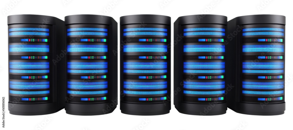 Aufkleber a series of sleek server, futuristic data storage units with illuminated blue displays, designed for