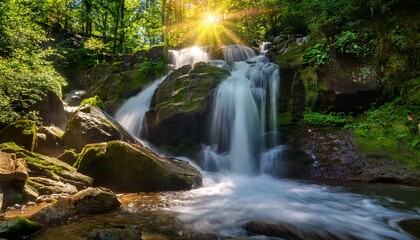 sunlit waterfall cascading over rocks in a lush forest