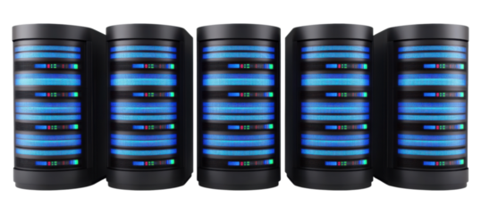 A series of sleek server, futuristic data storage units with illuminated blue displays, designed for high-tech environments.
