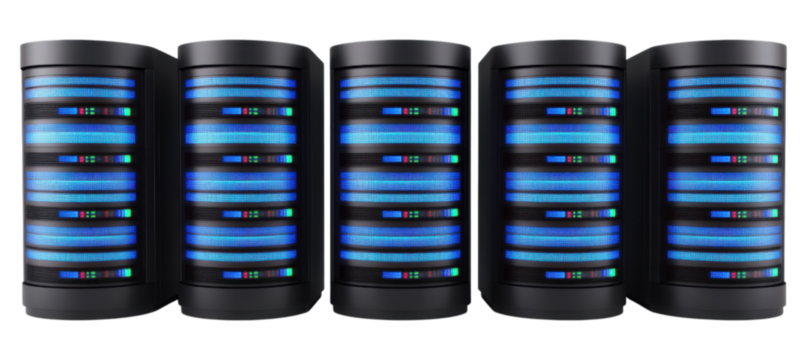 A series of sleek server, futuristic data storage units with illuminated blue displays, designed for high-tech environments.