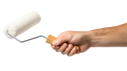 Hand gripping a paint roller ready for a creative home improvement project against a clean white backdrop