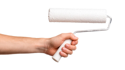 Close-up of a male hand expertly gripping a paint roller ready for creative home decoration on a clean white background