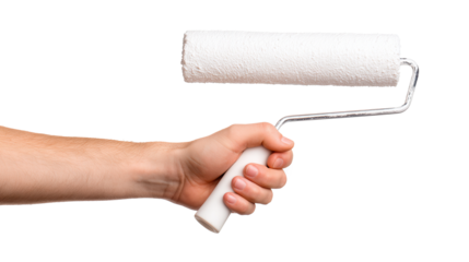 Close-up of a male hand expertly gripping a paint roller ready for creative home decoration on a clean white background