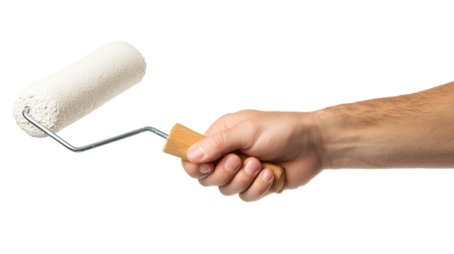 Hand gripping a paint roller ready for a creative home improvement project against a clean white backdrop