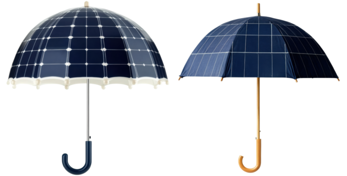 Two solar umbrellas designed with a patterned solar panel surface, showcasing innovative technology for energy capture.