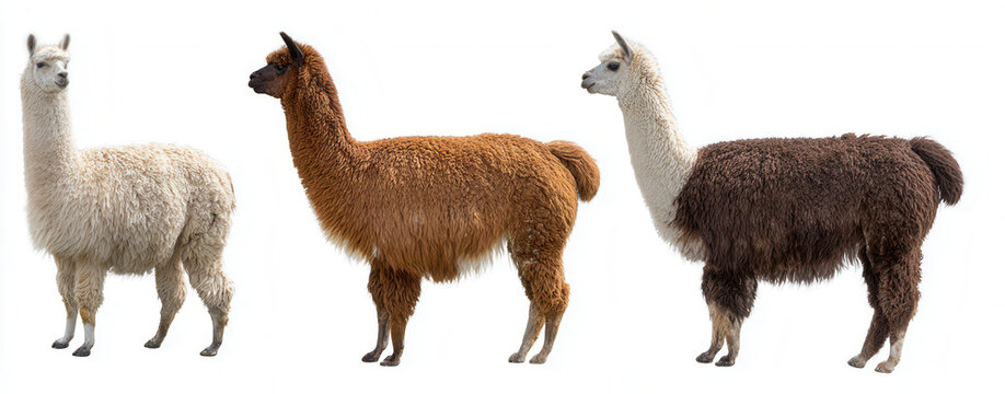 Three lamas showcasing their unique features against a clean white background in stunning high-definition clarity