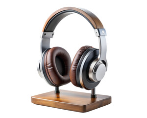 Stylish headphones with leather earcups on a wooden stand, isolated on transparent background