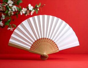 Elegant White Folding Hand Fan with Bamboo Details on Red Background – Summer Accessory & Cultural Decor