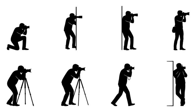 Various photographer silhouettes capturing moments from various angles and positions with professional equipment silhouette